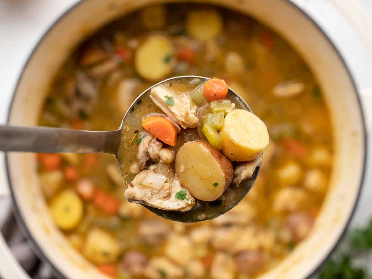A ladle full of chicken stew held over the pot